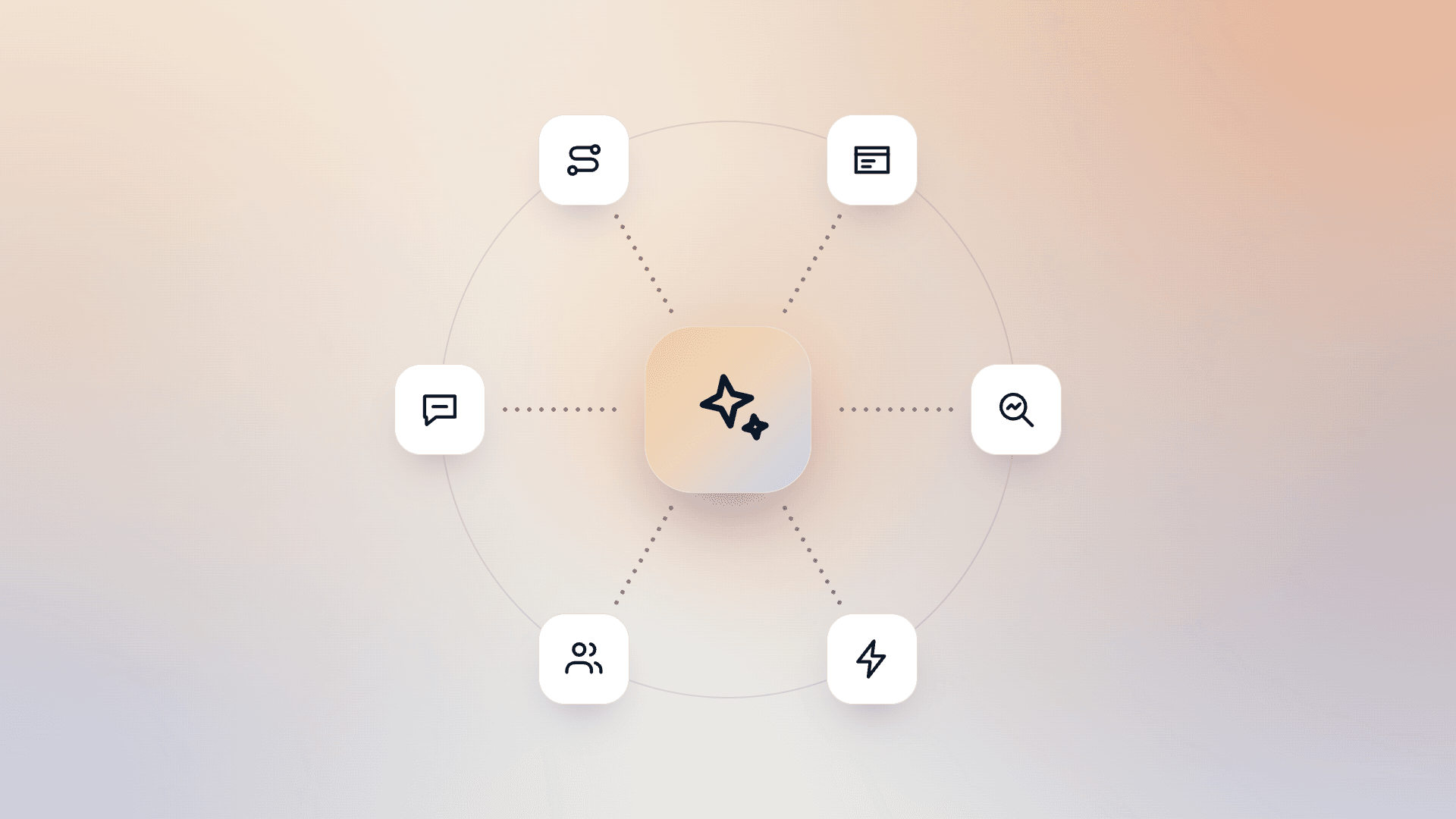 AI-symbol koblet til ikoner for automatisering, nettside, chat, søk, kunder og drift